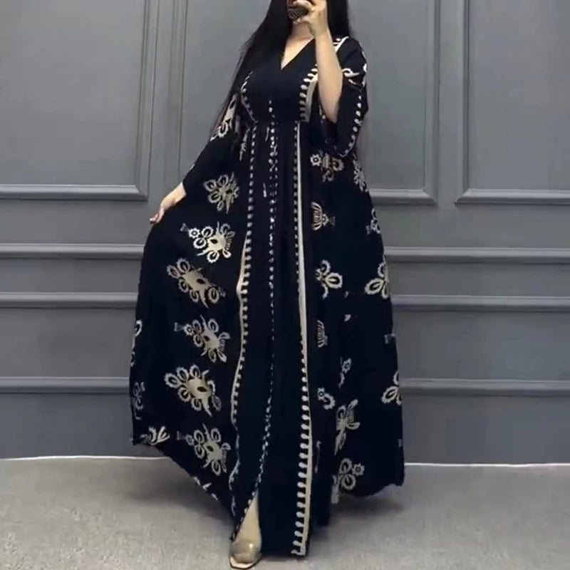 Sleeve Loose Arabic Dress for Women Vintage Party Dress V-neck Maxi