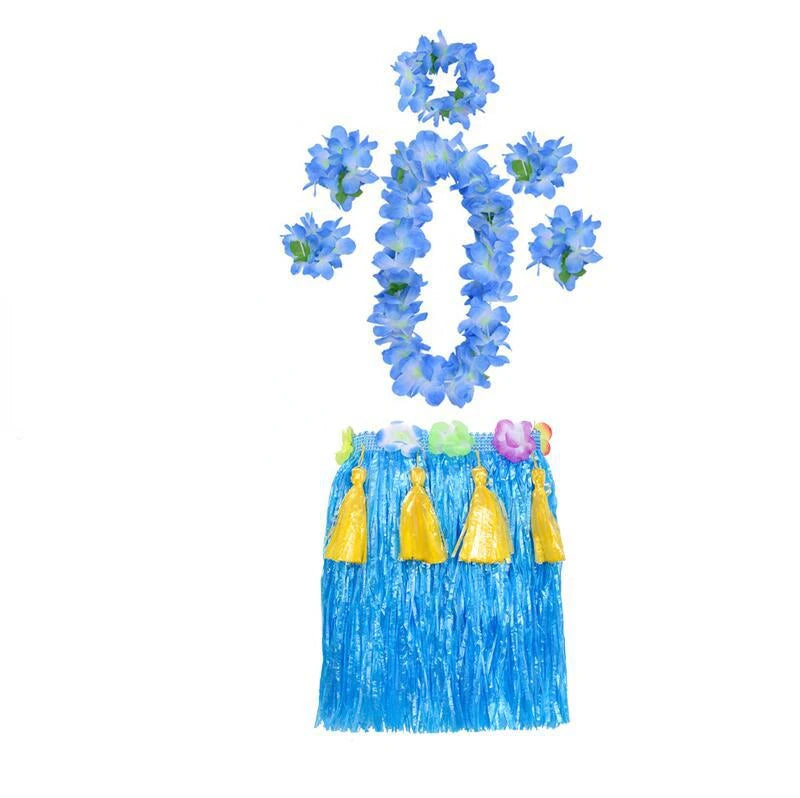 Hawaiian Hula Costume Set for Kids & Teens – Grass Skirt, Top, Flower Lei Necklace, Headband, Anklets & Bracelets (40 cm)