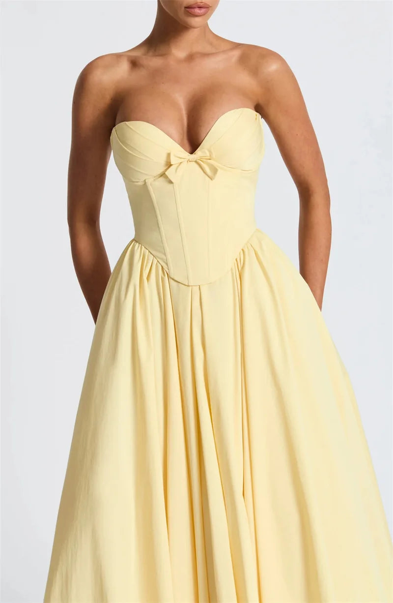 Elegant Off-Shoulder Strapless Midi Dress for Women – Sleeveless, Backless, A-Line Party Dress with Bow Detail