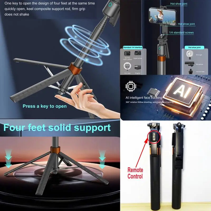 360° Smart Face Tracking Tripod & Selfie Stick, Rechargeable Auto Face Tracking Phone Holder with Dual Fill Lights for Live Streaming, Vlogging, Video Calls & Content Creation