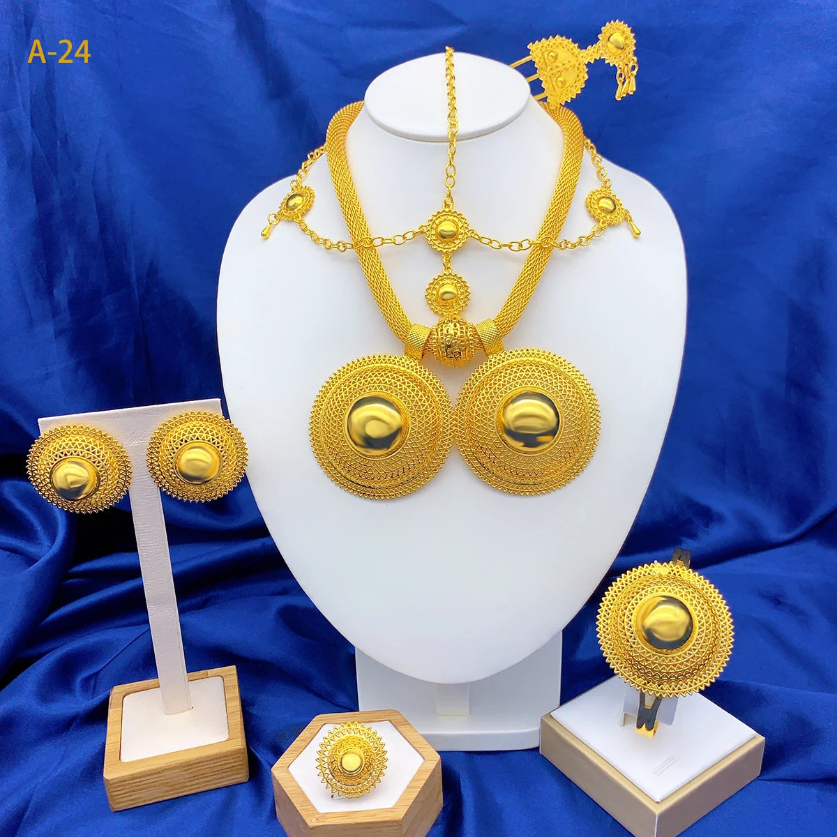 African Ethiopian Eritrean Habesha Dubai 24K Gold-Plated Flower Pendant 6-Piece Jewelry Set