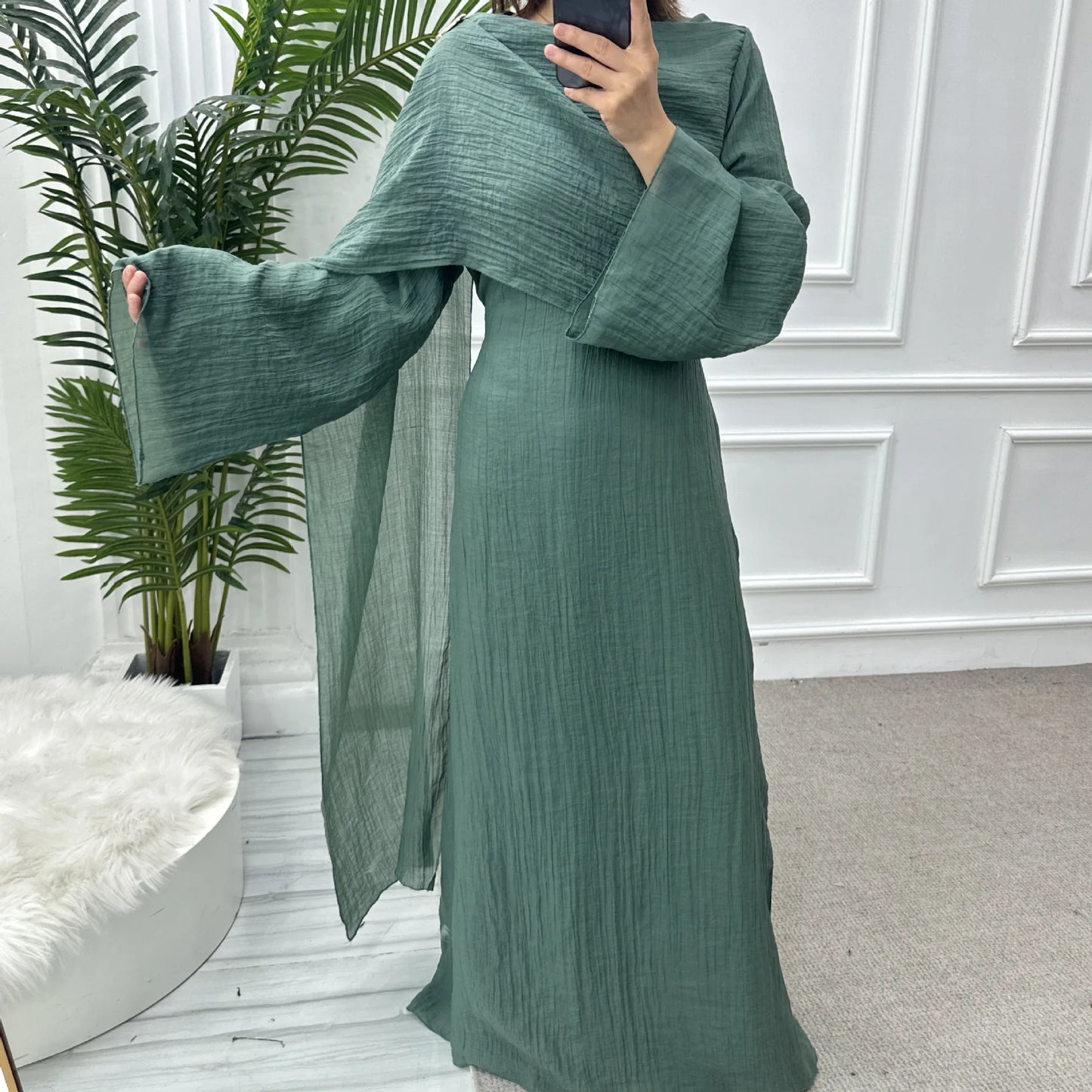 Women’s Two-Piece Modest Cardigan Set – Elegant Middle East Islamic Abaya Dress for Ramadan & Eid
