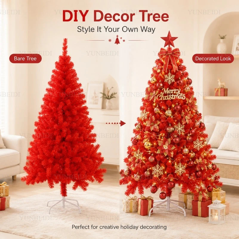 Red Artificial Christmas Tree, 120–240 cm PVC Holiday Tree with Optional Warm White USB LED Lights for Indoor Decorating