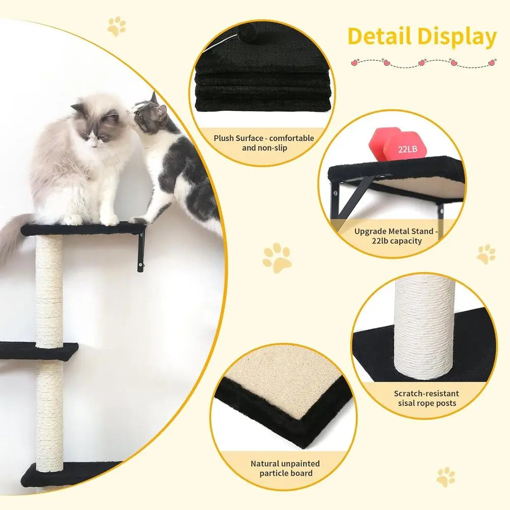 5-Piece Wooden Cat Wall Furniture Set with House, Bridge, Tree, Steps & Scratcher – Black