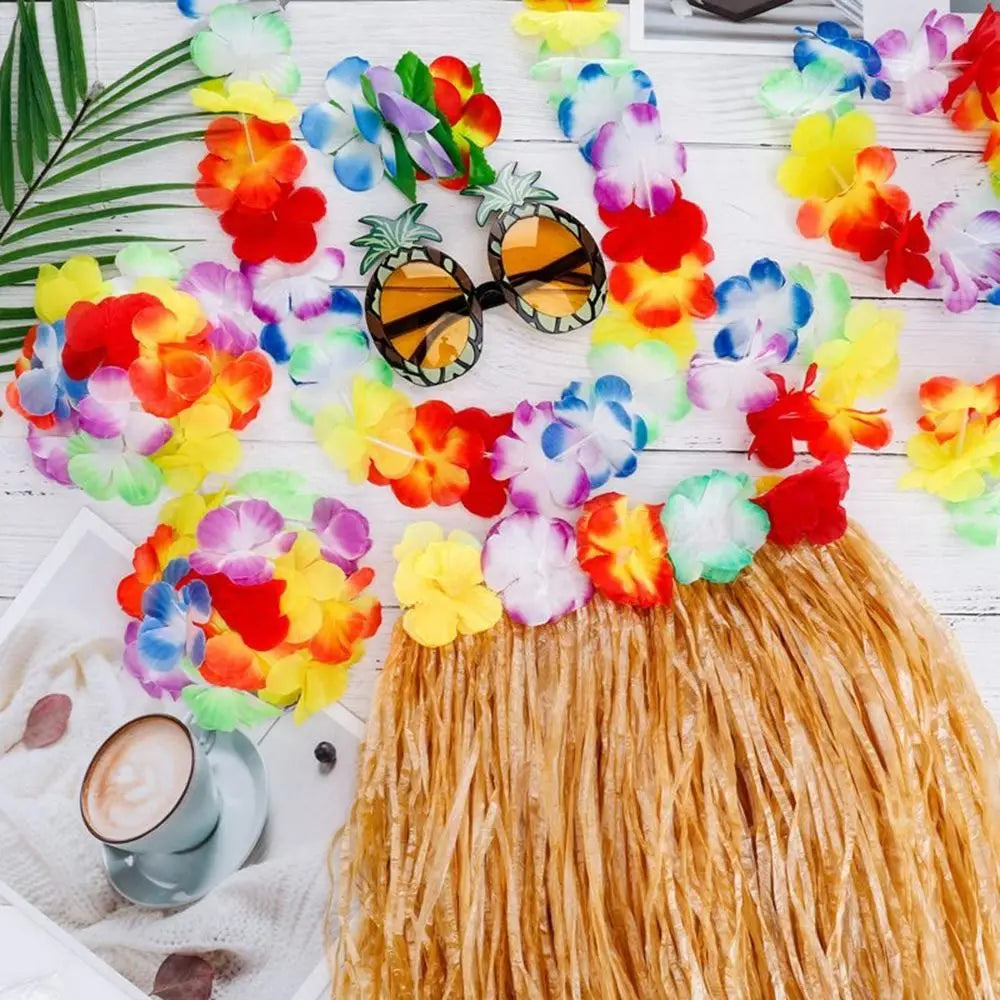 8-Piece Hawaiian Hula Costume Set – Grass Skirt, Flower Lei Necklace, Headband, Anklets & Bracelets for Parties and Dress-Up