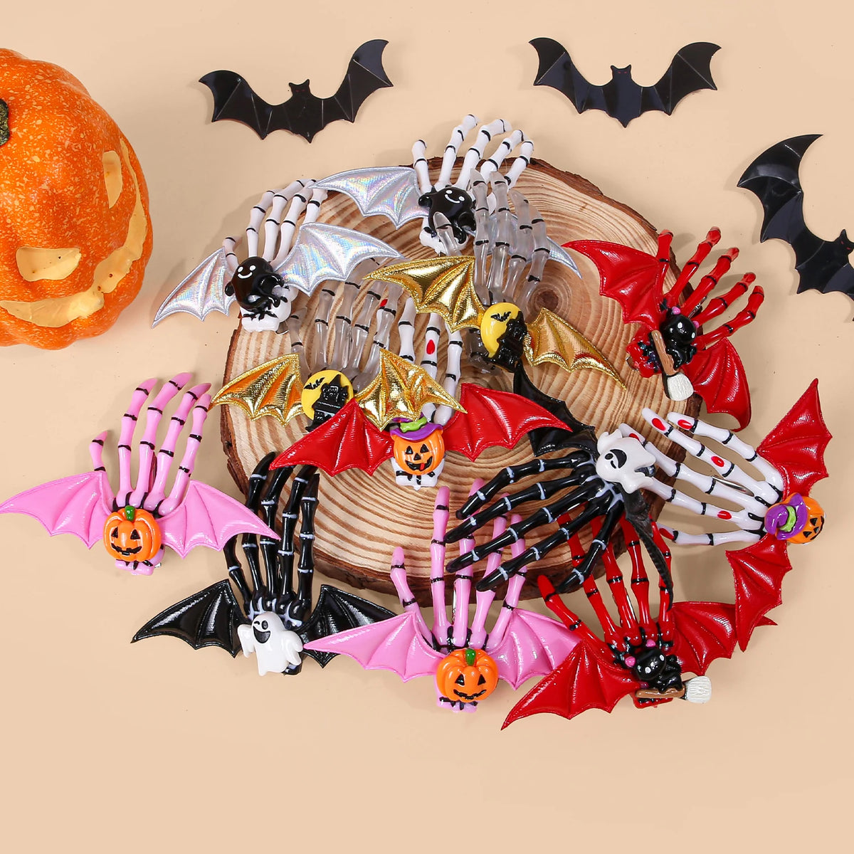 Halloween Skeleton Hand Hair Clips with Bat Wings, Pumpkin and Ghost Details for Gothic Hairstyles, Cosplay Costumes and Themed Parties