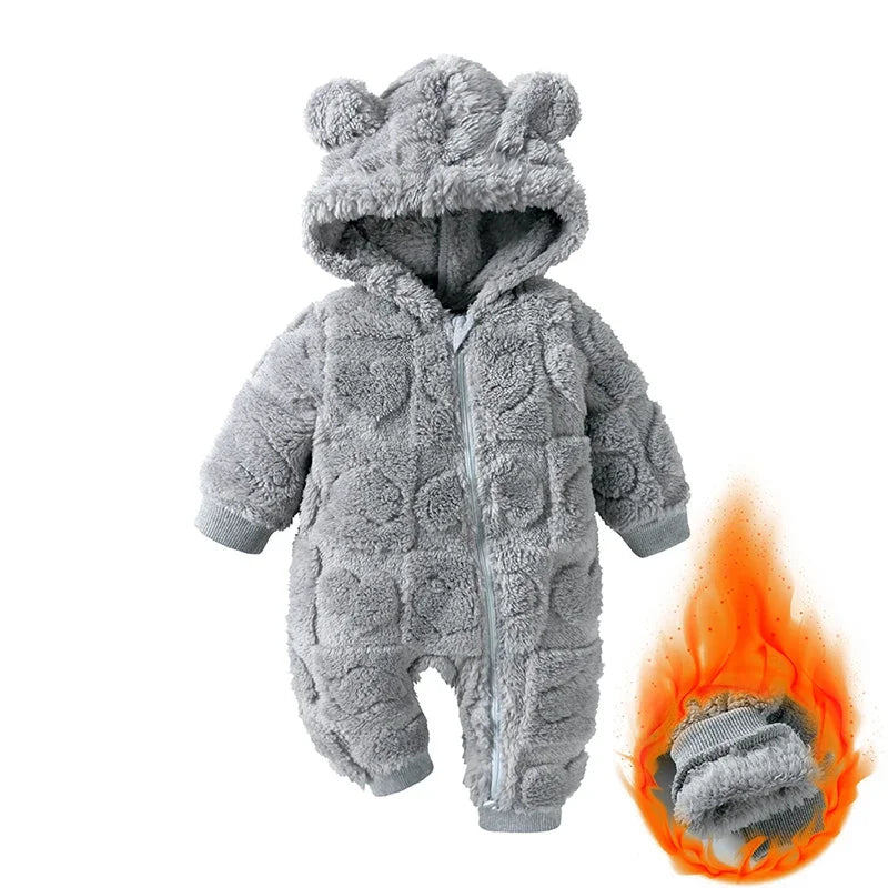Cartoon Baby Hooded Romper – Long Sleeve Arctic Velvet Winter Outfit, Warm Newborn Clothing (0–18 Months)