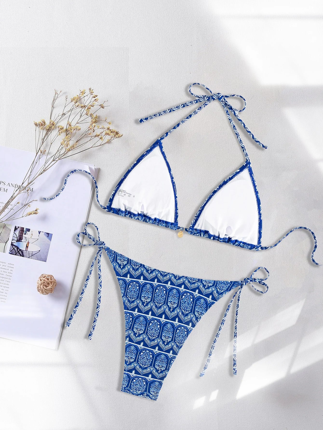 Women’s Blue Floral Print 2-Piece Bikini Set – Push-Up Bra and Thong Swimsuit for Beach and Swimwear