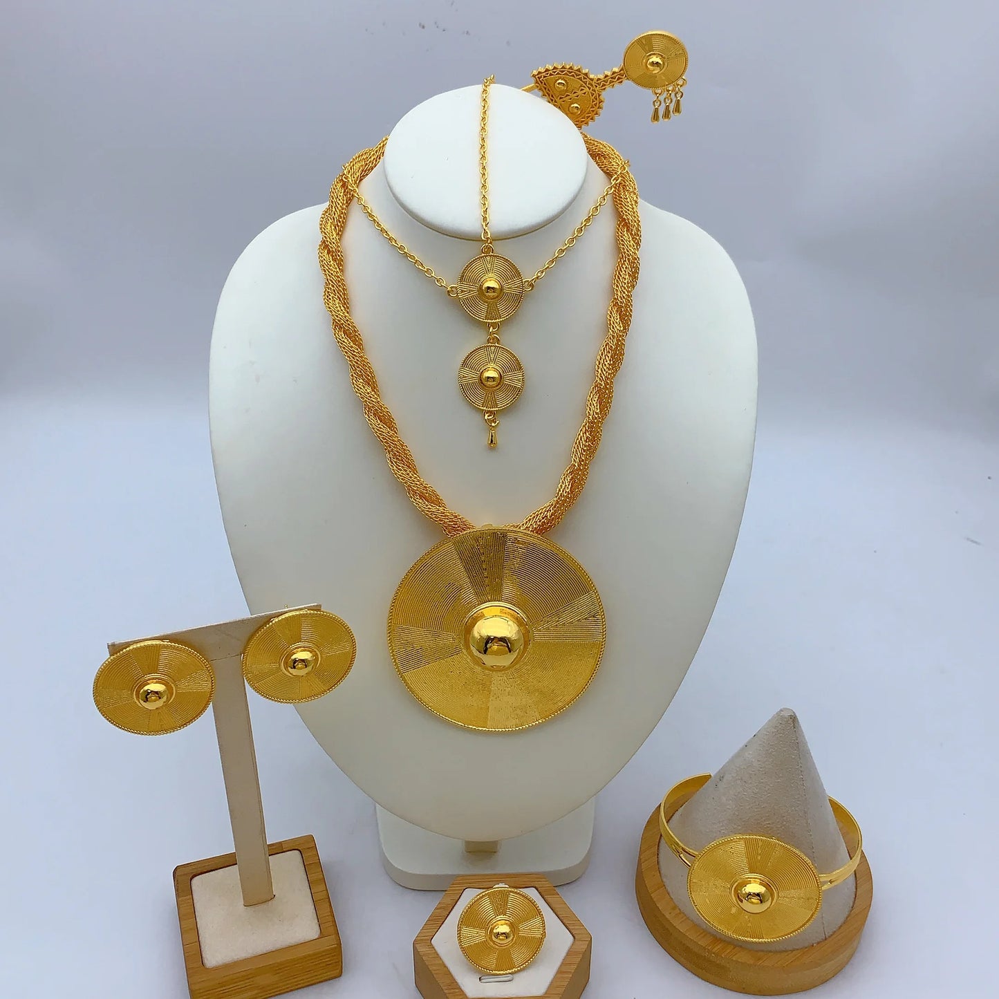 African Ethiopian Eritrean Habesha 24K Gold-Plated Flower Pendant 6-Piece Jewelry Set