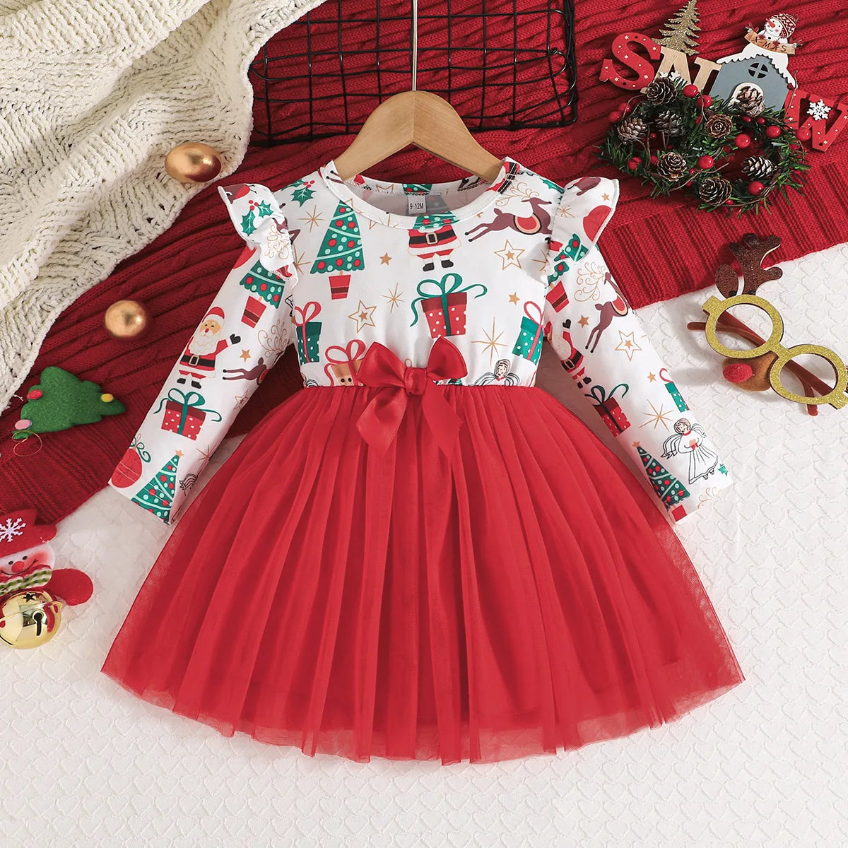 Baby Girl New Year Dress – Green Christmas Tree Print Outfit, “My First New Year” Costume for Newborns & Toddlers