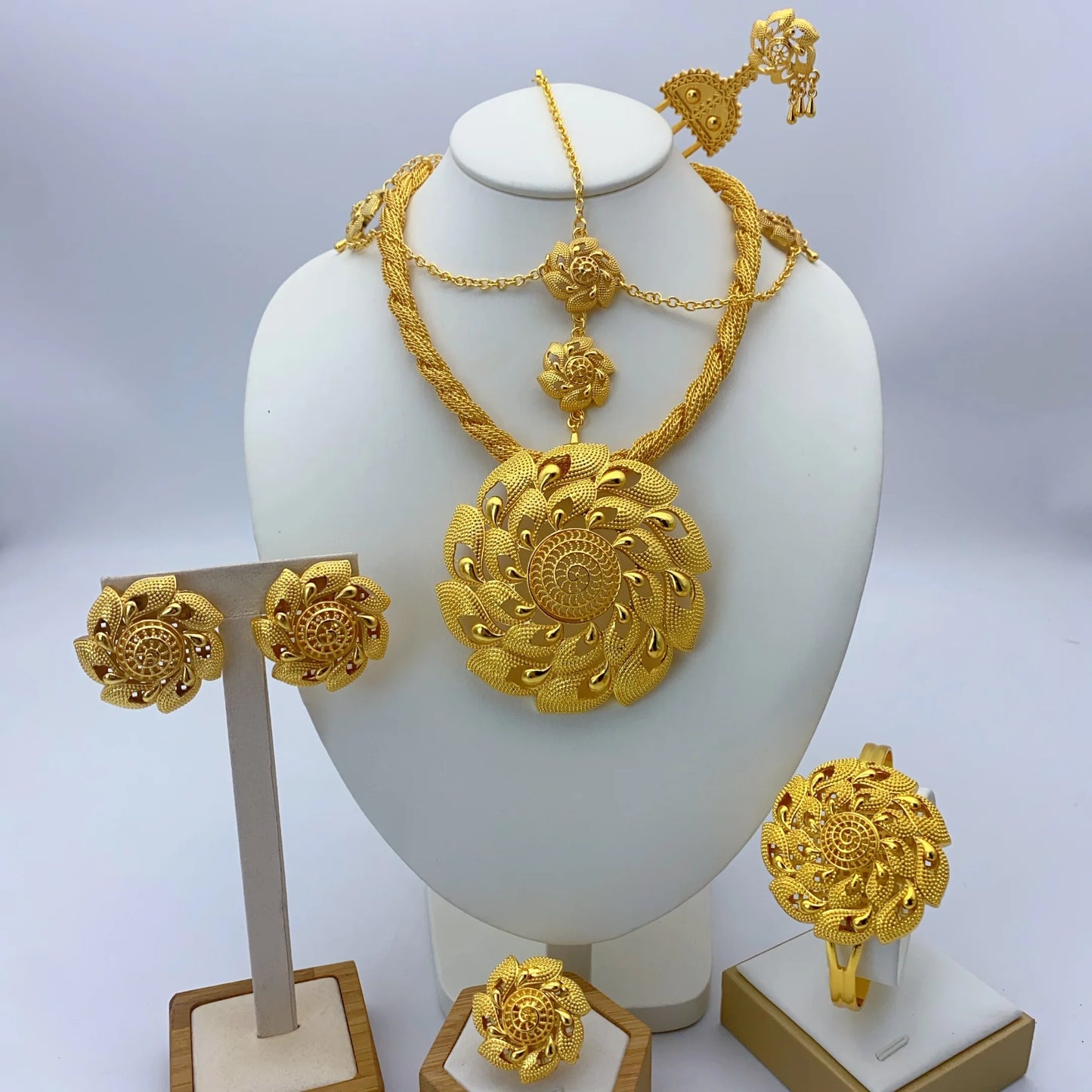 African Ethiopian Eritrean Habesha 24K Gold-Plated Flower Pendant 6-Piece Jewelry Set