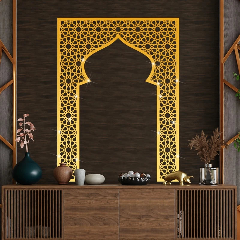 Islamic Arch Mirror Wall Sticker – Gold Acrylic 3D Mosque Frame Decal with Geometric Pattern for Ramadan & Eid Decor