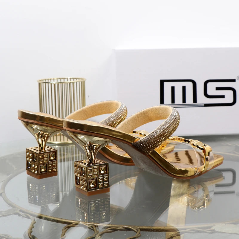 Women’s Transparent Strap Heeled Sandals – Chic Box-Style Square Alien Heel with Metal Accent | Summer Fashion Slippers