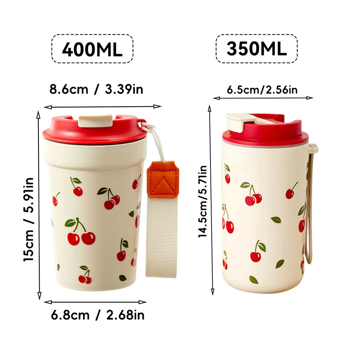 Cherry Pattern Plastic Tumbler Cup with Rope – 350–400ml Reusable Water, Coffee & Milk Mug