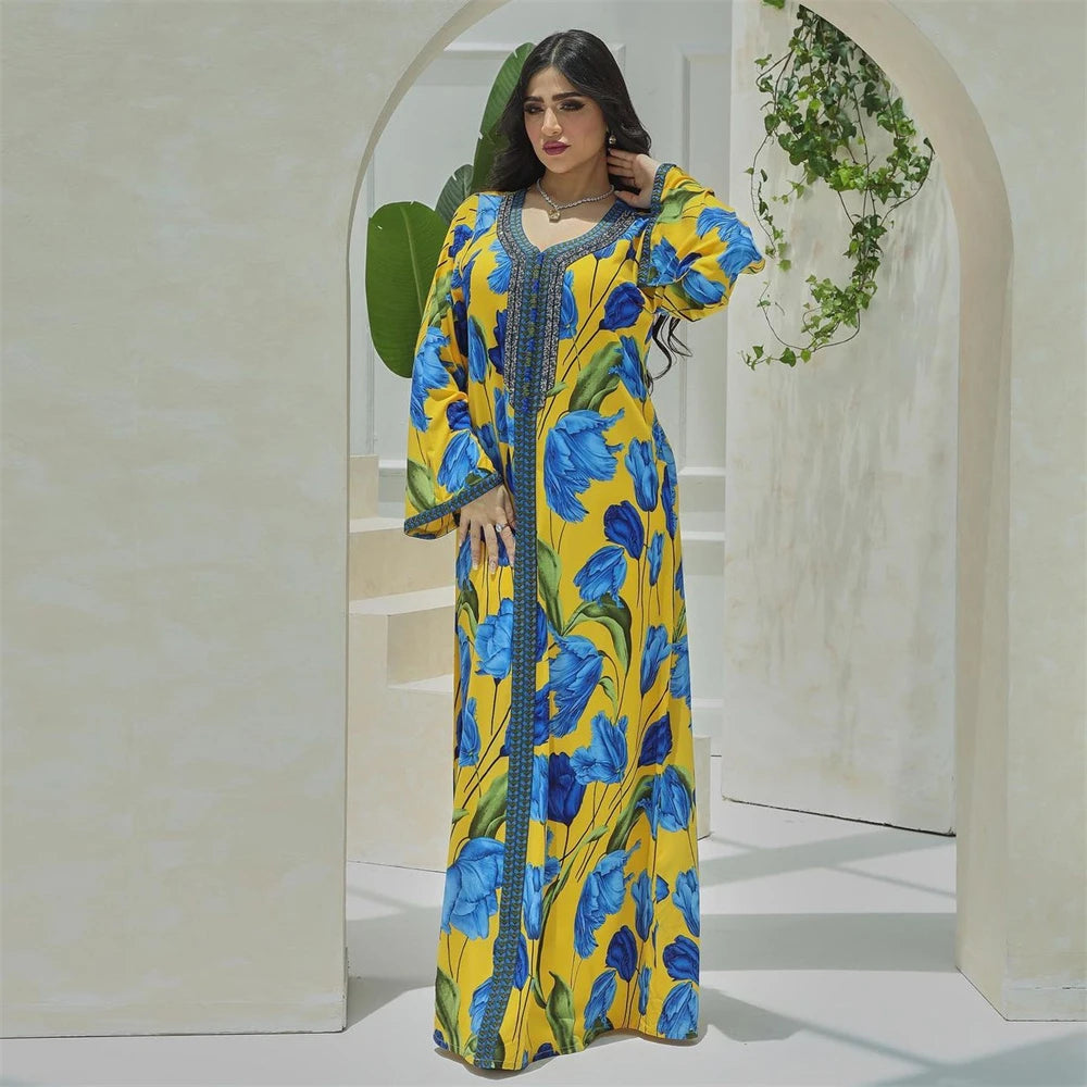 Elegant Ethnic Print Abaya Maxi Dress for Women – Muslim Jalabiya Modest Kaftan for Spring & Autumn