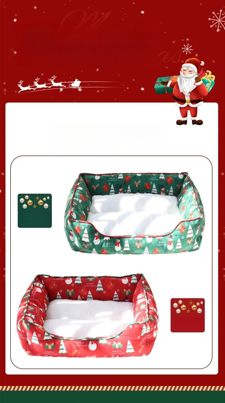 Christmas Cat and Small Dog Bed with Raised Bolster Sides and Soft Sleeping Cushion, Festive Indoor Pet Nest
