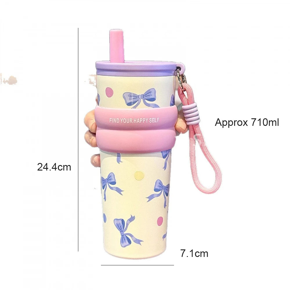 Cute Cat Bow Insulated Water Bottle with Straw – 710ml Stainless Steel Thermal Tumbler with Ceramic Lining, Travel Mug for Tea, Coffee & Cold Drinks