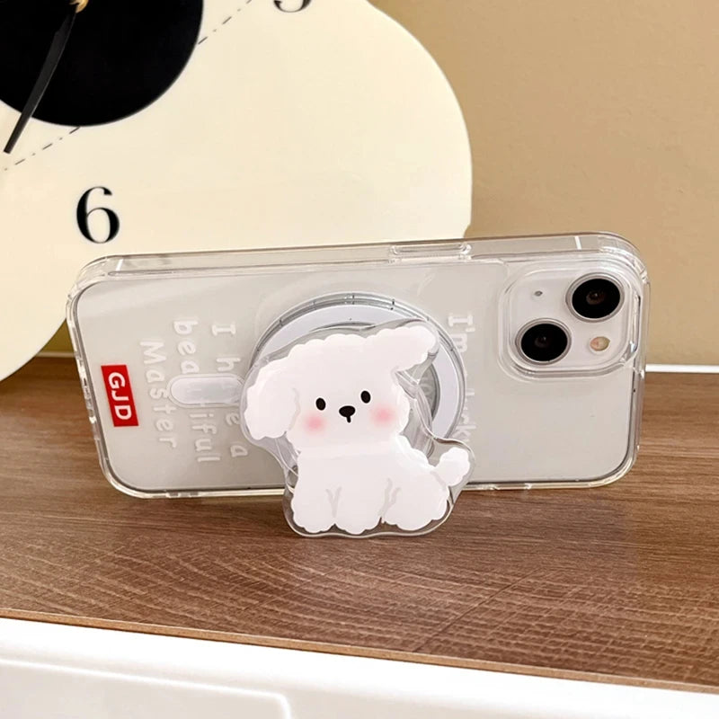 Korea Cute White Dog MagSafe Magnetic Phone Grip Tok with Foldable Stand