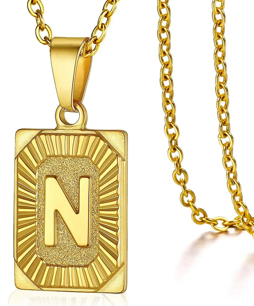 Initial Letter Pendant Necklace – Stainless Steel Cuban Link Chain, Square Charm Alphabet Necklace for Men & Women, Couple Gift Jewelry