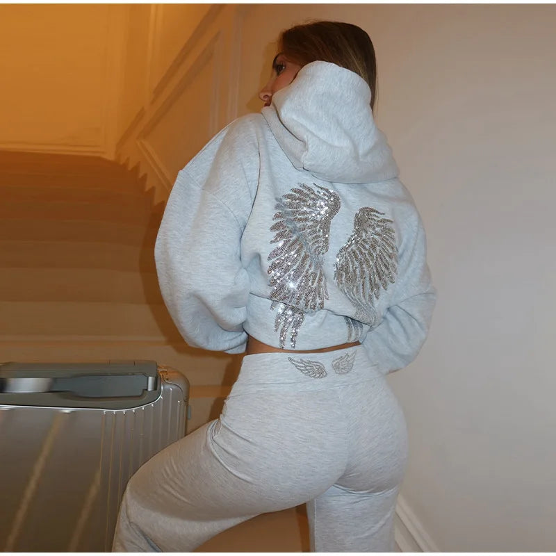 Women’s Sequined Wing Hooded Sweatshirt, Casual Long Sleeve Loose Fit Hoodie