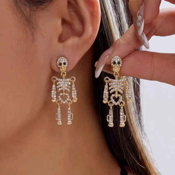 rinhoo Halloween Skull and Skeleton Dangle Earrings for Women, Gothic Zinc Alloy Statement Jewellery for Punk Outfits and Costume Parties