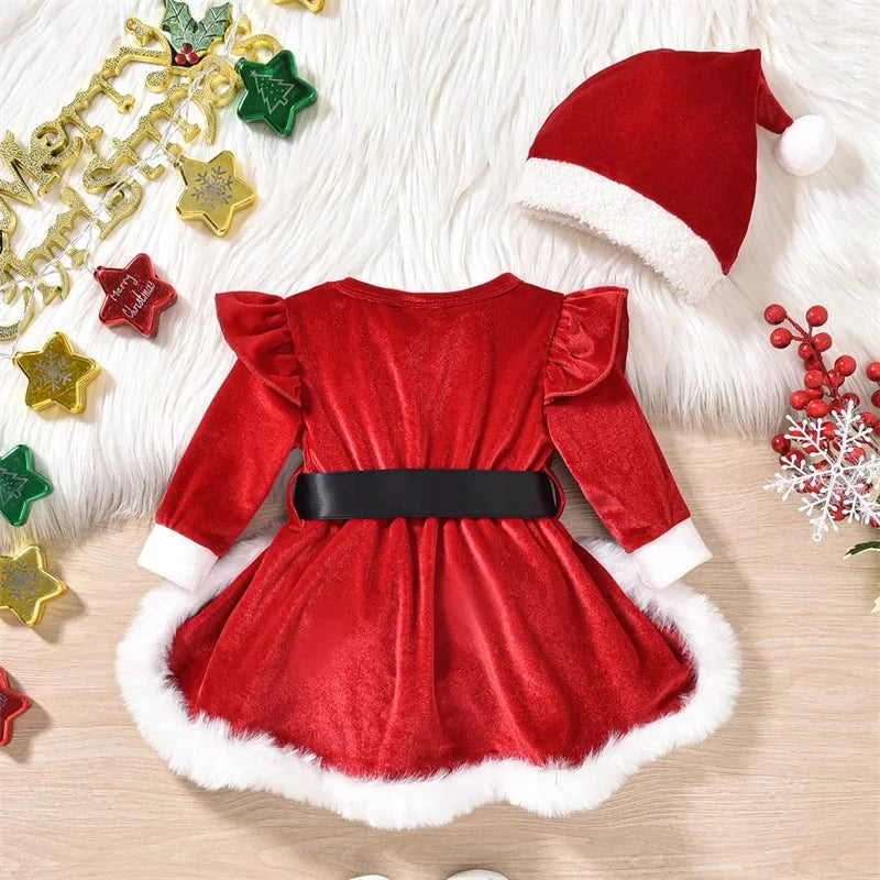 Baby Girl Christmas Outfit – Velvet Romper Dress with Terry Trim, Long Sleeve Jumpsuit & Santa Hat, 0–18 Months, Fall & Holiday Outfit