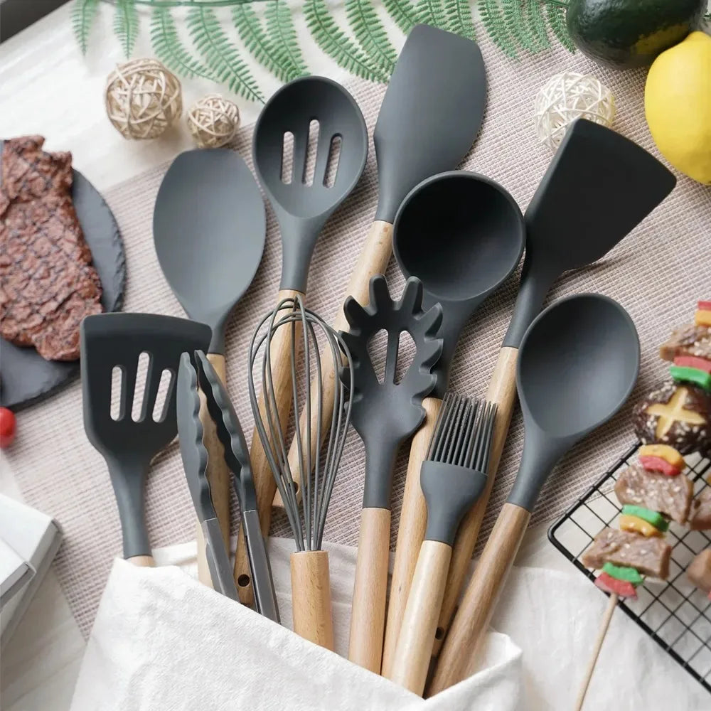 12-Piece Non-Stick Silicone Cooking Spoon Set with Wooden Handles – Heat-Resistant Kitchen Utensils with Storage Container | Ideal for Home & Professional Use