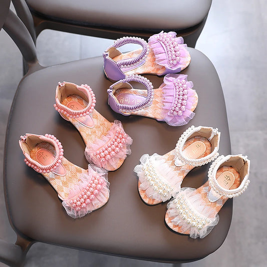 Girls' Summer Sandals – Ribbon & Pearl Detail, Zipper Ankle Strap, Open Toe Flat Shoes (Sizes 21–36) | Toddler to Big Kid