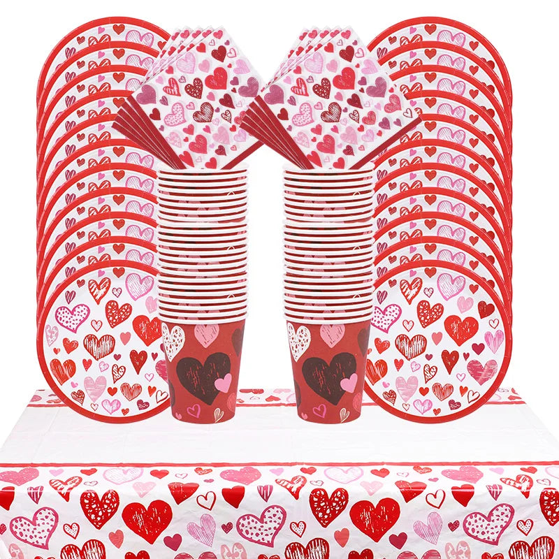 Love Heart Disposable Tableware Set – Paper Plates, Cups, Napkins & Tablecloth for Valentine’s Day, Wedding, Anniversary & Party Decor