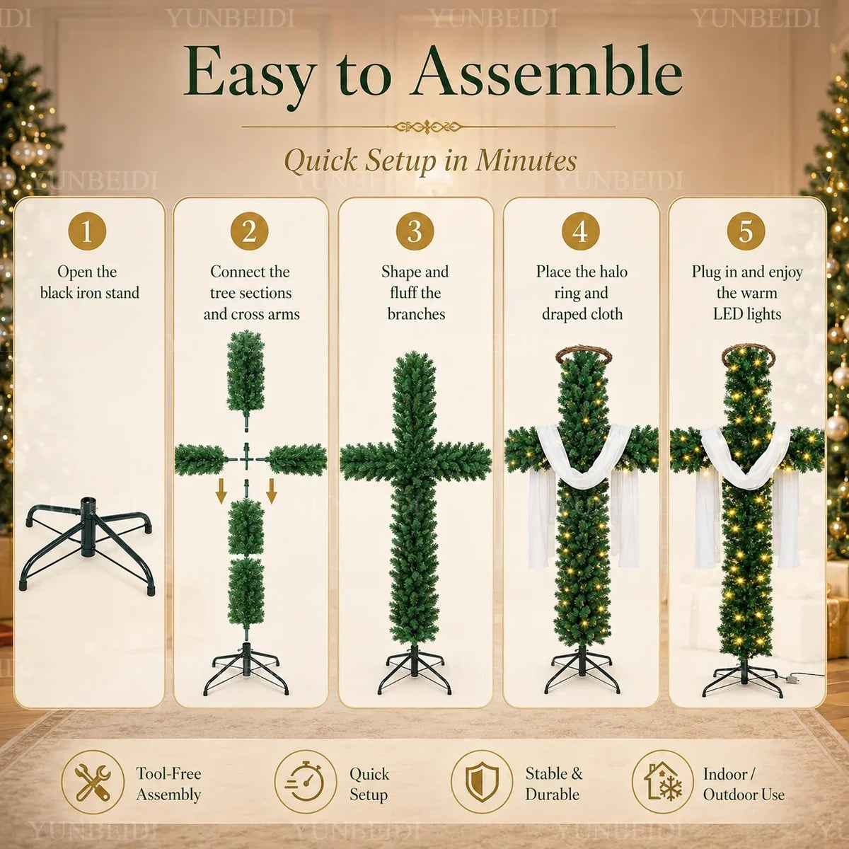 Cross-Shaped Artificial Christmas Tree with Metal Stand, 150 or 180 cm Green PVC Religious Holiday Decoration with Optional USB Lights