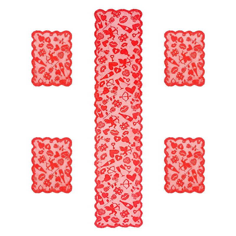 Classic red heart design polyester woven table runner, suitable for Valentine’s Day, family dining, home decoration, and everyday or special occasions.