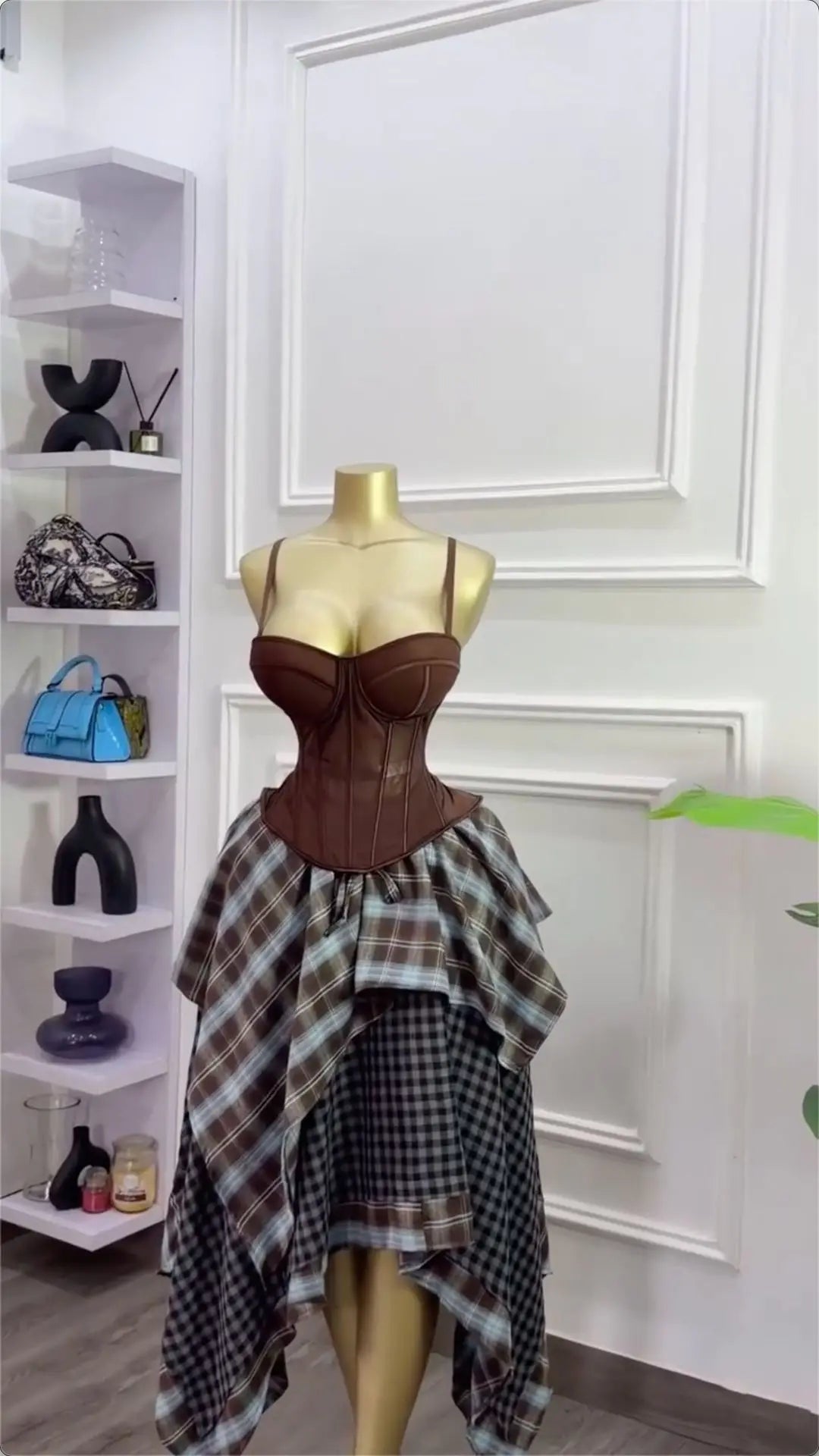 Y2K Retro Brown 2-Piece Mesh Bustier Top and Plaid Skirt Set