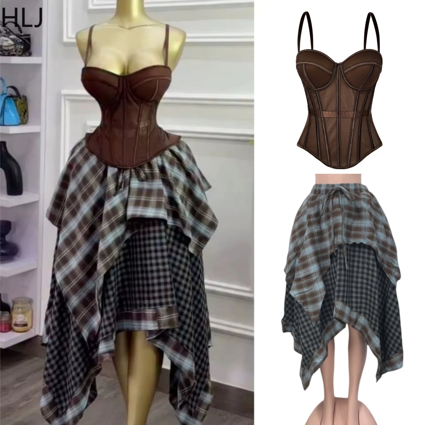 Y2K Retro Brown 2-Piece Mesh Bustier Top and Plaid Skirt Set