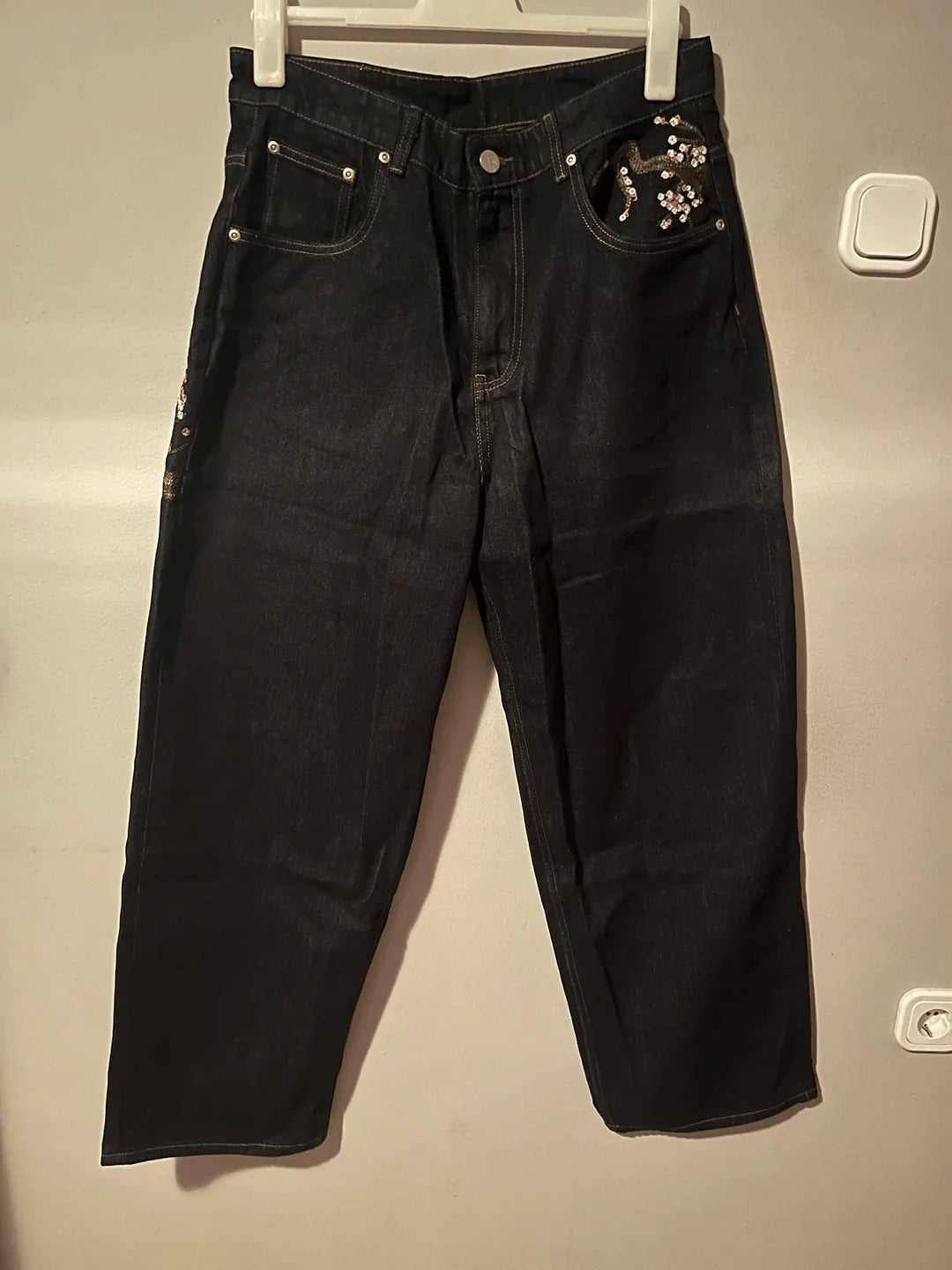 Embroidered Denim Jeans with Cherry Blossom, Dragon and Graphic Designs