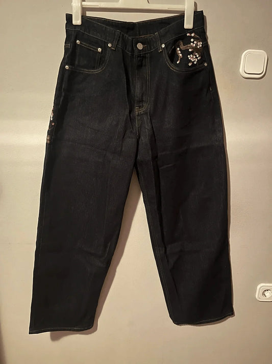 Embroidered Denim Jeans with Cherry Blossom, Dragon and Graphic Designs