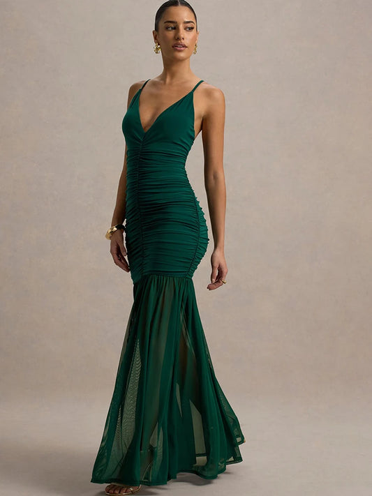 Women's Patchwork V-Neck Maxi Dress – Backless High-Waist Ruched Evening Gown
