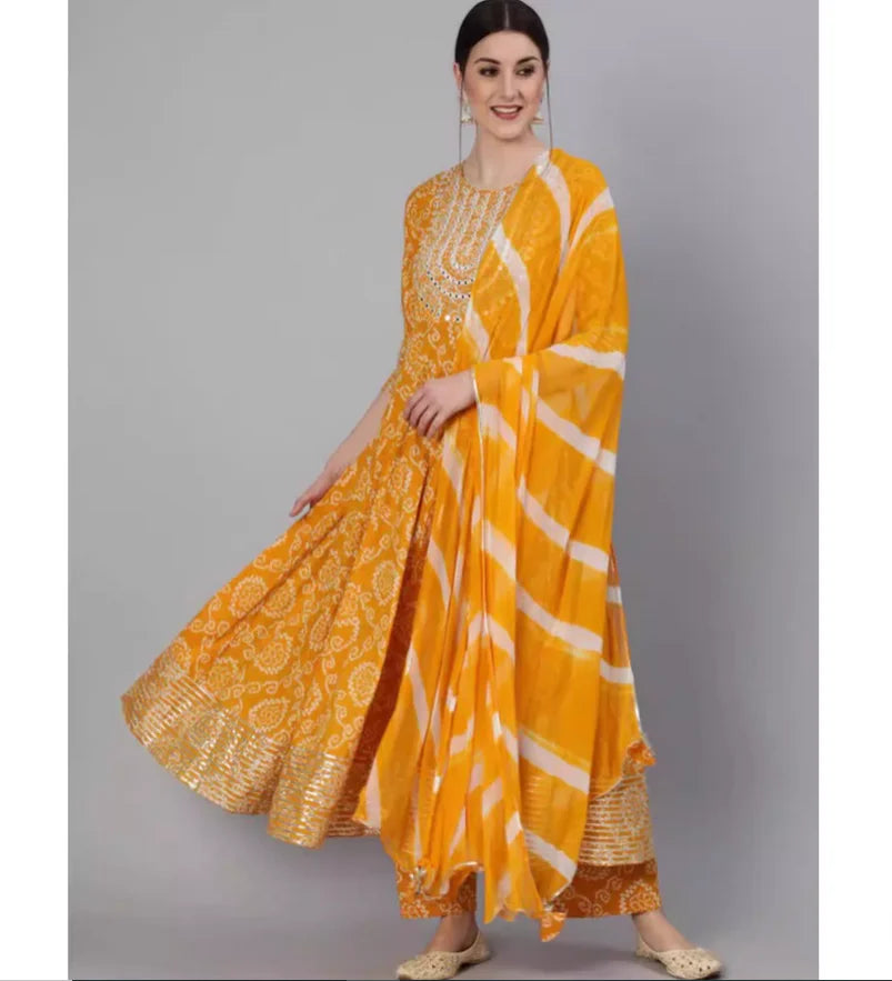 Women's Yellow Printed Cotton Indian Traditional Kurta Set with Pants & Dupatta (3-Piece)
