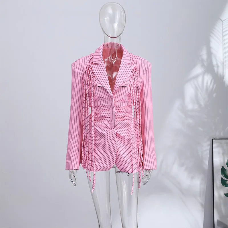 Women's Pinstripe Blazer Jacket with Padded Shoulders, Fitted Waist, Turn-Down Collar & Detachable Tassel Straps
