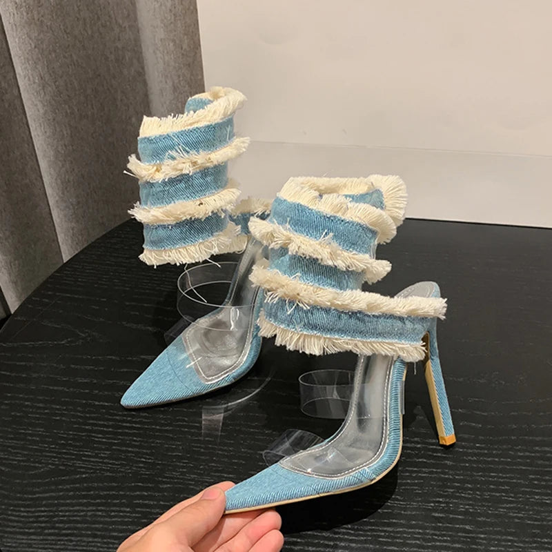 Women's Denim Ankle Strap Snake Wrap Sandals – Transparent PVC High Heels, Party & Evening Shoes