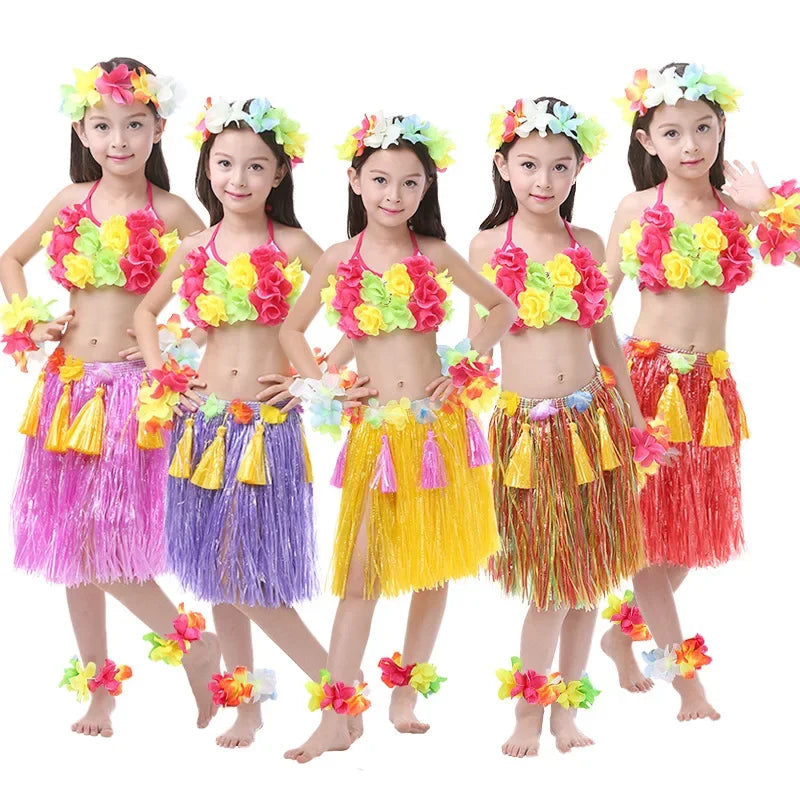 Hawaiian Hula Costume Set for Kids & Teens – Grass Skirt, Top, Flower Lei Necklace, Headband, Anklets & Bracelets (40 cm)