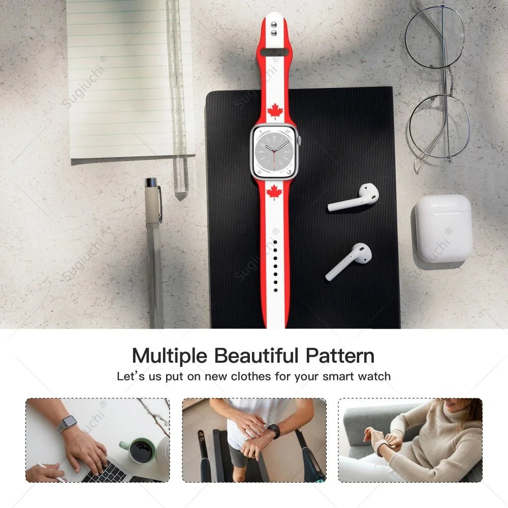 Canada Flag Silicone Sport Watch Band for Apple Watch Ultra 2 / Series 10 9 8 7 6 5 4 SE – Unisex 3D Printed Strap