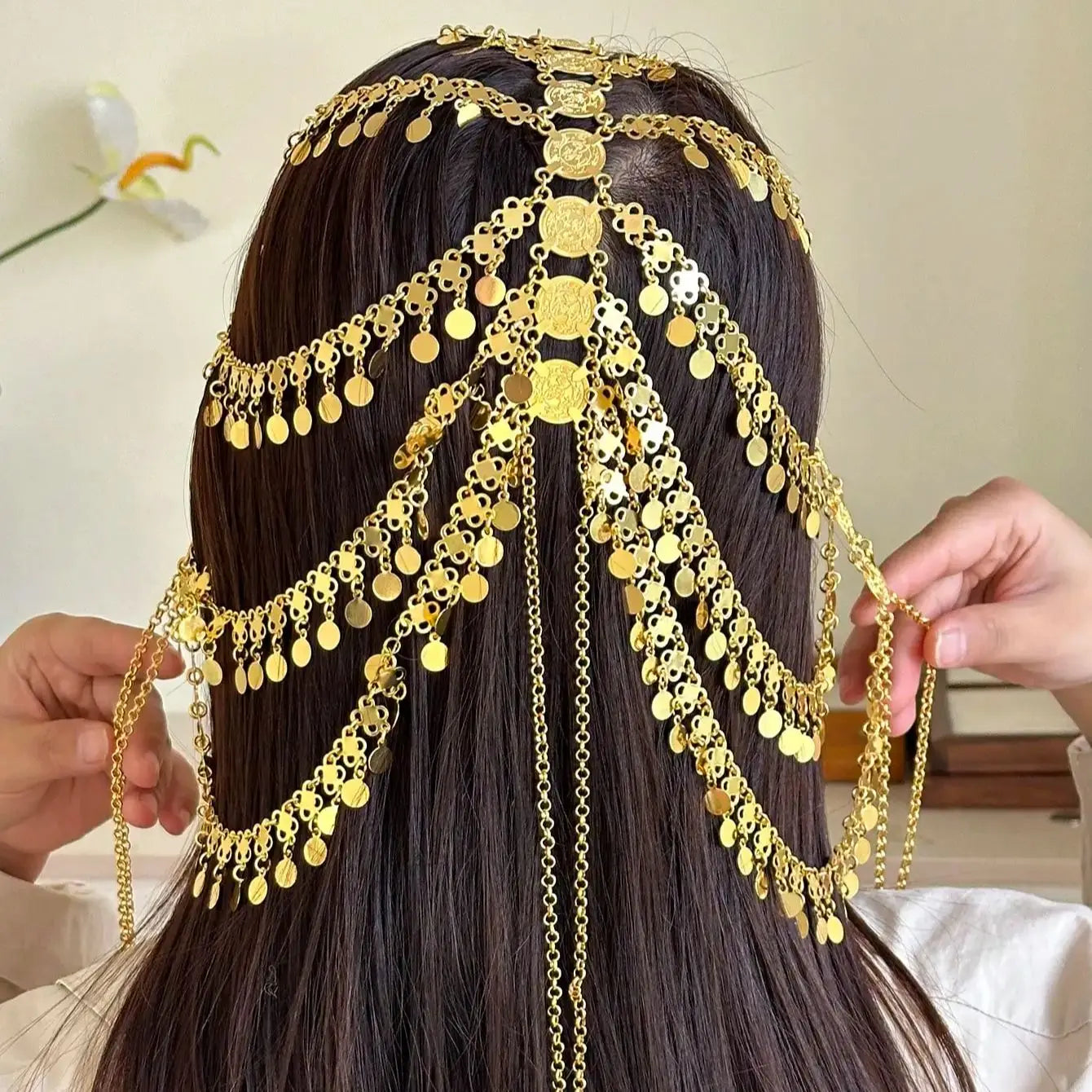 Gold-Plated Hair Chain for Women – Turkish Kurdish Arabic Totem Headpiece – Festival & Wedding Jewelry