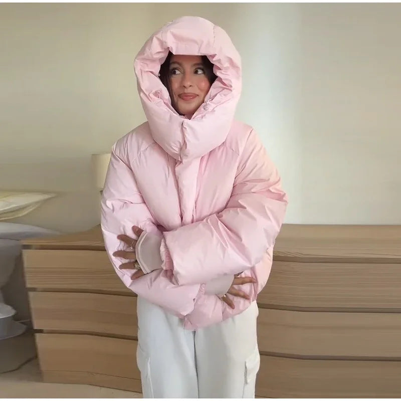 Women’s Hooded Cotton Winter Jacket – Solid Color Short Coat with Zipper Pockets, Warm Casual Outerwear