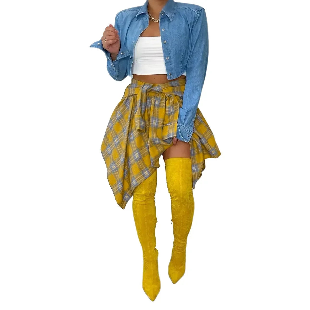 Women Plaid Irregular High Waist Knee-Length Skirt