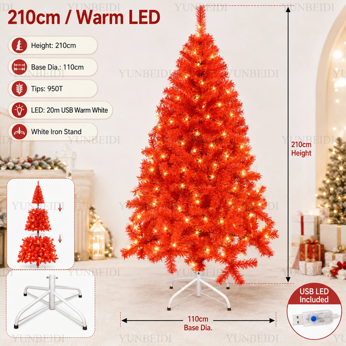 Red Artificial Christmas Tree, 120–240 cm PVC Holiday Tree with Optional Warm White USB LED Lights for Indoor Decorating