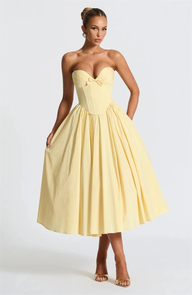 Elegant Off-Shoulder Strapless Midi Dress for Women – Sleeveless, Backless, A-Line Party Dress with Bow Detail
