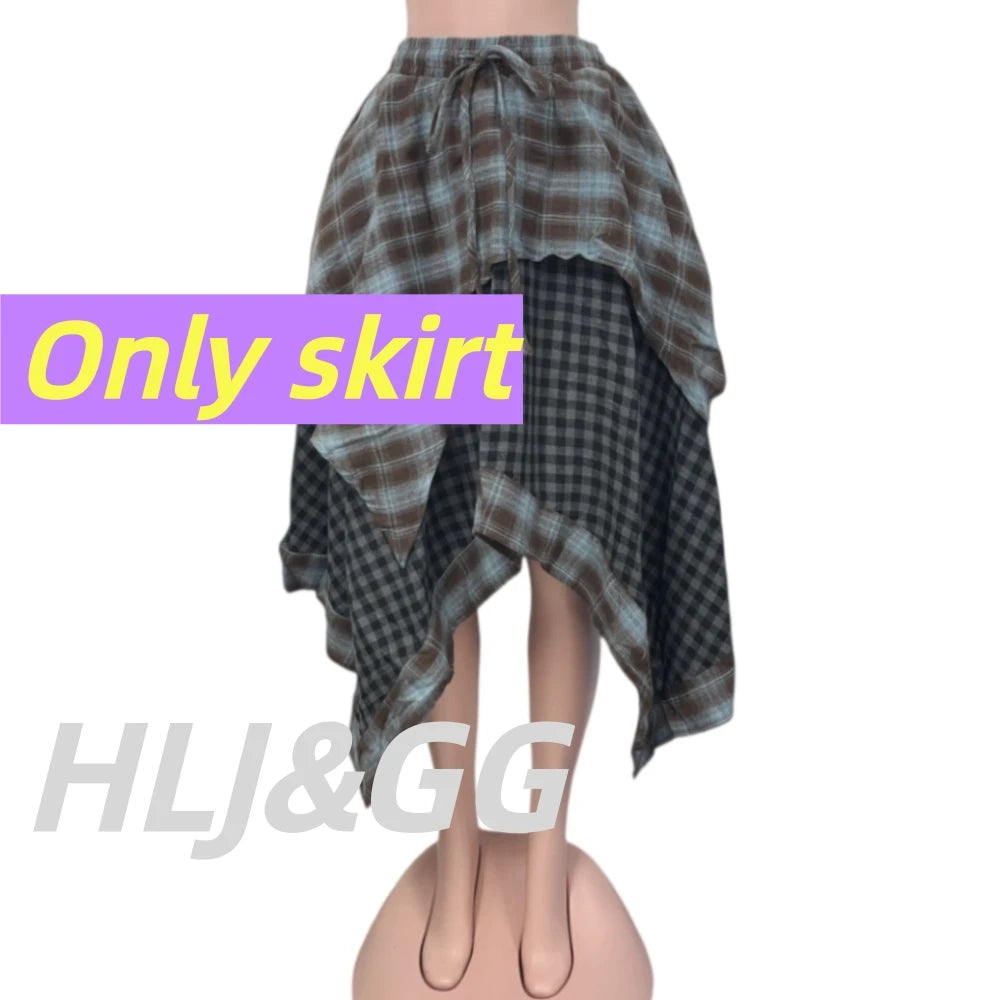 Y2K Retro Brown 2-Piece Mesh Bustier Top and Plaid Skirt Set