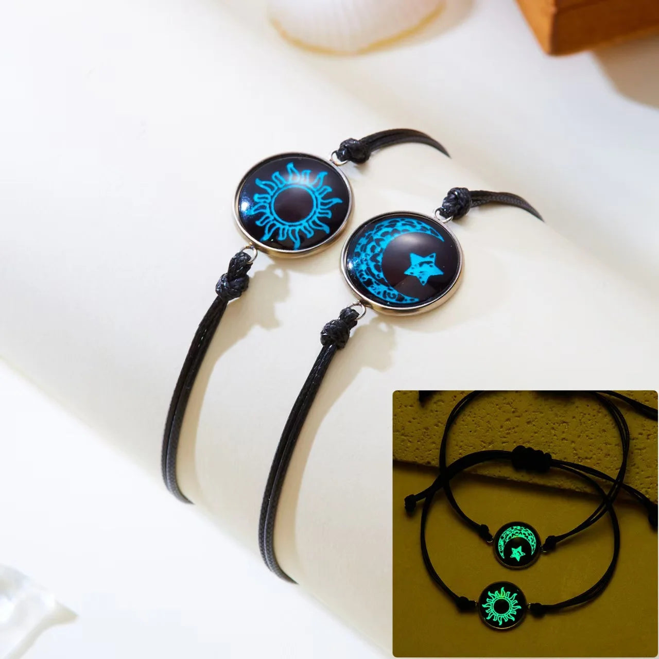 Adjustable Glow-in-the-Dark Rope Bracelet – Butterfly, Sun & Moon Luminous Jewelry for Couples and Friends