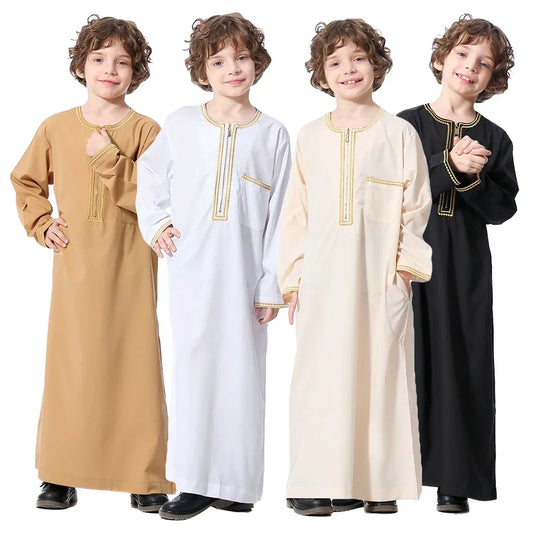 Boys Robe Saudi Arab Dishdasha Kids Abaya Kaftan Prayer Islam Clothing Long Sleeve Thobe Middle East Teenage Dress Dubai Muslim Jalabiya