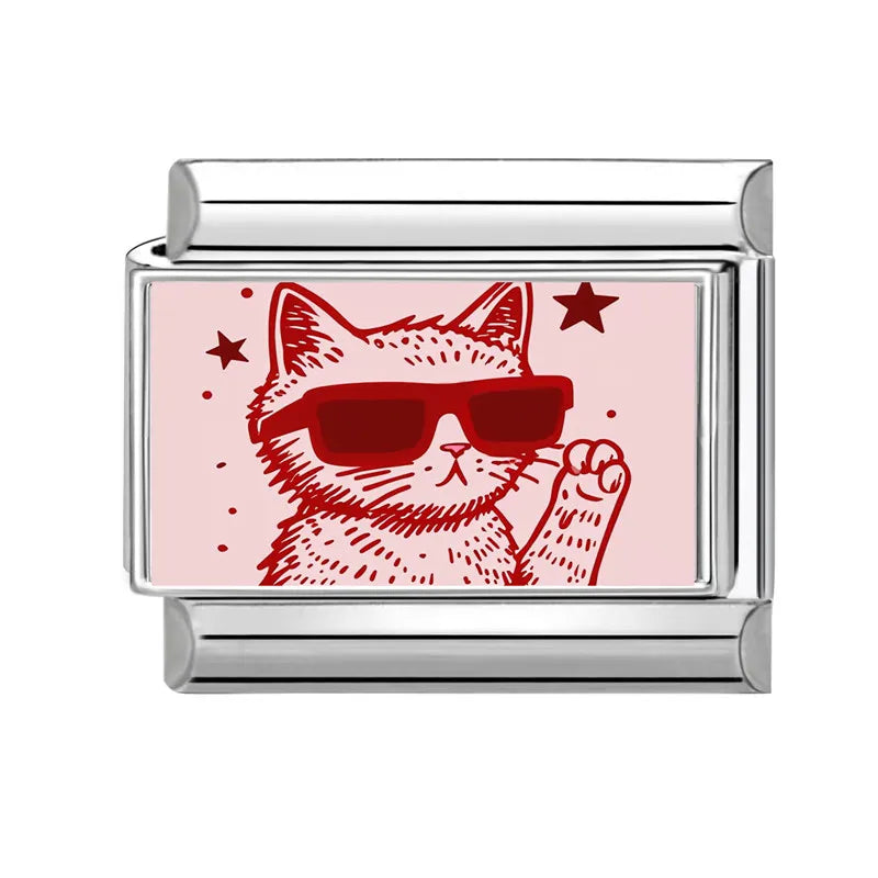 DIY Italian Charm Bracelet – Black & Red Cat Eye, Heart & Stripe Charms, 9mm Stainless Steel